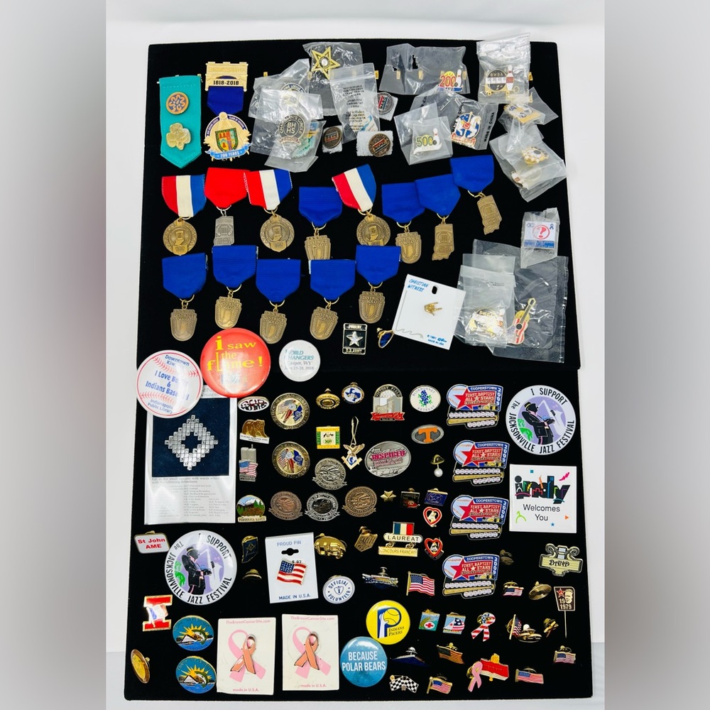Vintage Gold & Silver Tone Assorted, Marketing, Flag, Music Pin Back Lot Of 75+